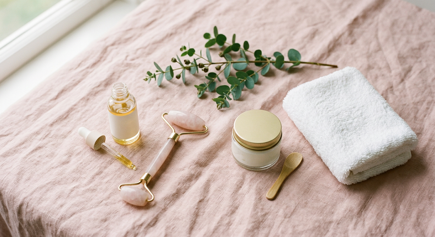Skincare flat-lay with a dropper bottle, rose quartz roller and folded towel