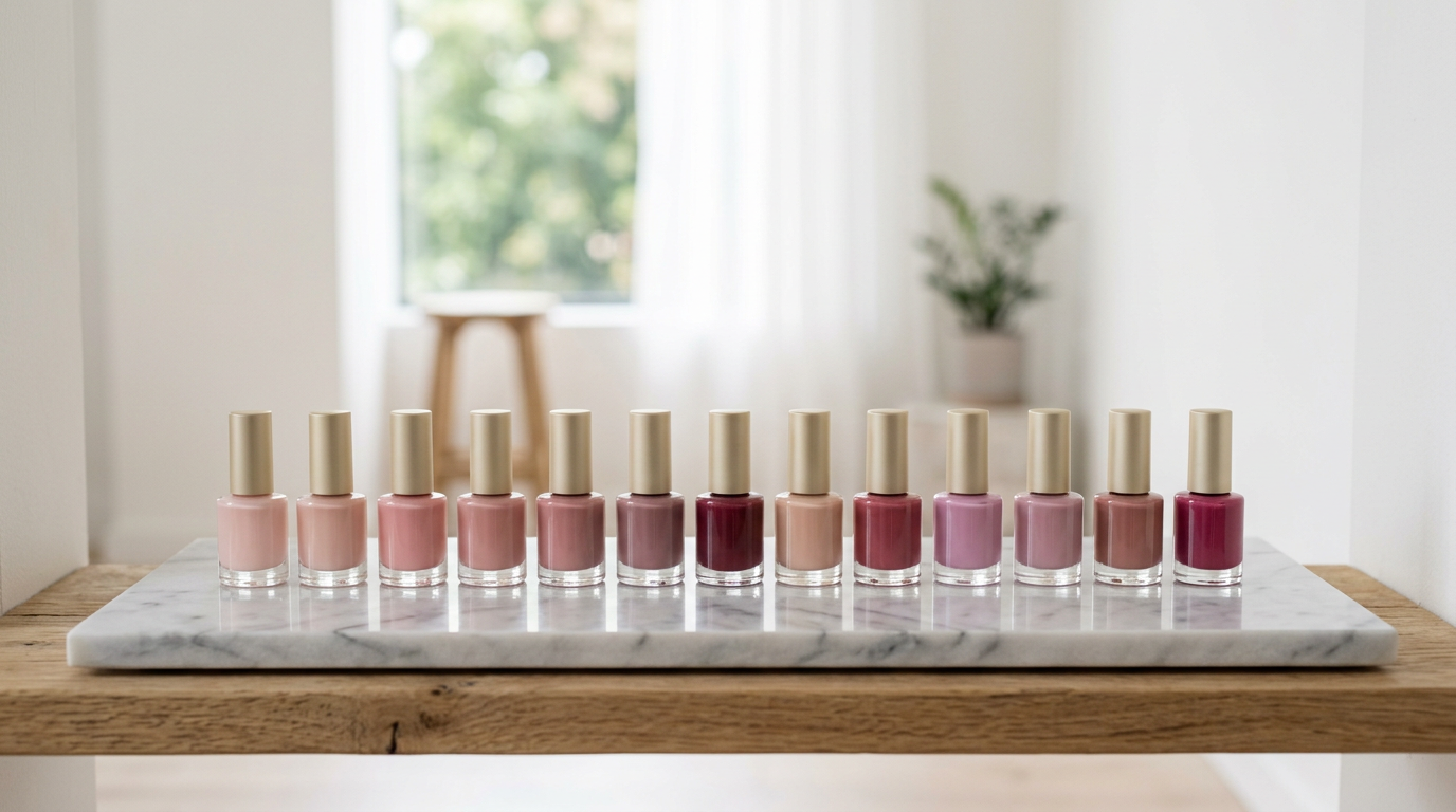Row of nail polish bottles in blush, rose and berry shades on a marble tray