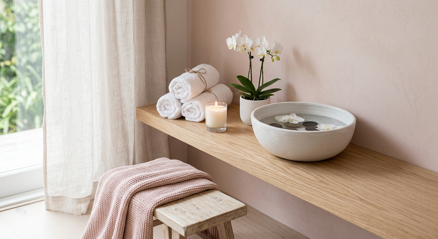 Calm spa corner with rolled towels, an orchid, a candle and smooth stones